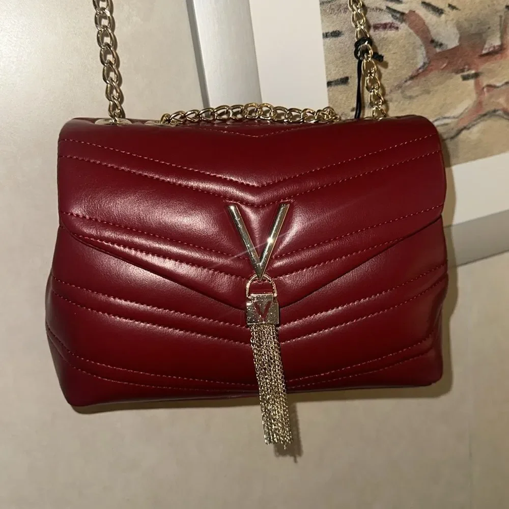 Mario Valentino Cherry Red Gold Tone Privilege Flap Chain Strap Purse